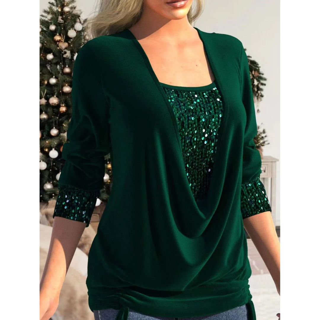 Petronelle | Women’s Elegant Sequin Long Sleeve Blouse with Adjustable Drawstring Hem