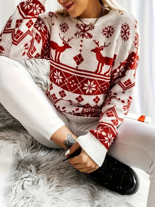 Jovelle | Women's Christmas Pattern Round Neck Sweater – Cosy Long Sleeve Knit for Winter Festivities