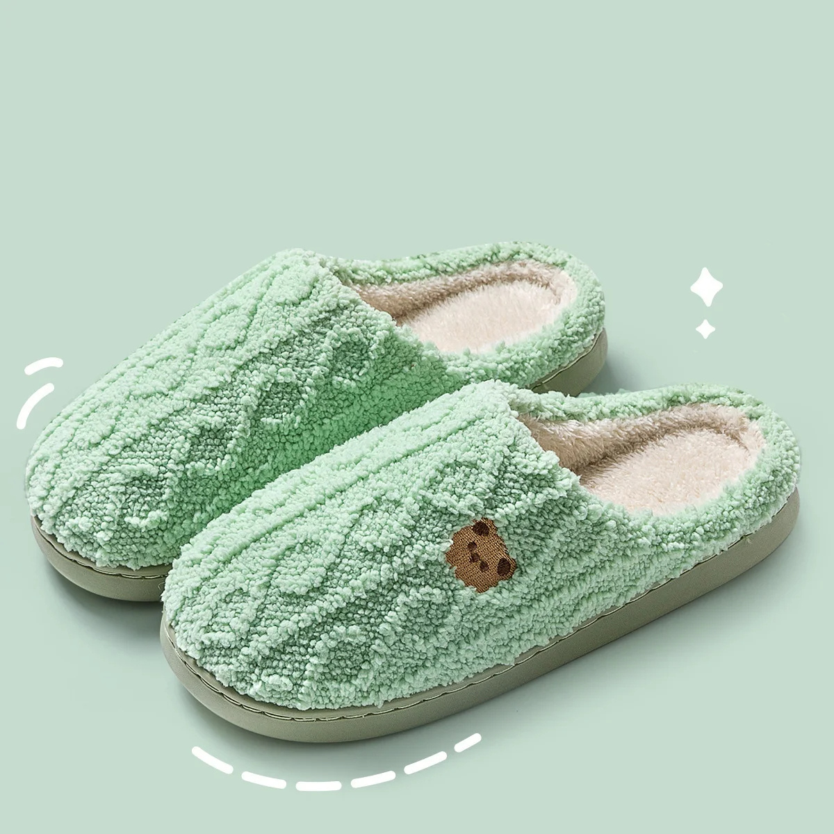 Viktualia | Women's Winter Slippers with Teddy Embroidery, Soft Plush Fabric & Non-Slip Sole