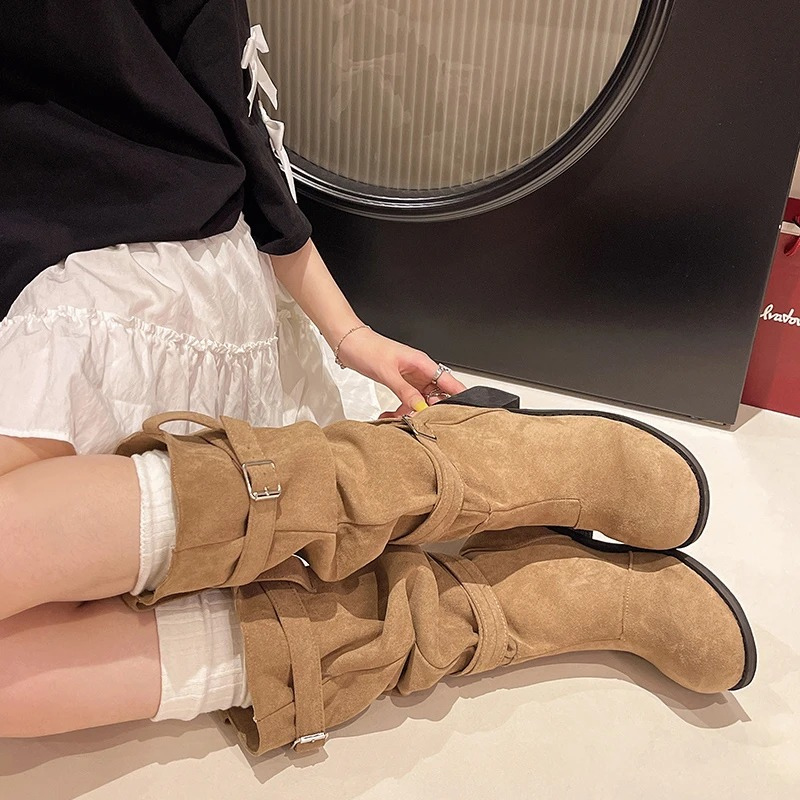 Annelien | Women's Knee-High Suede Boots with Block Heel and Buckle Strap - Stylish and Comfortable