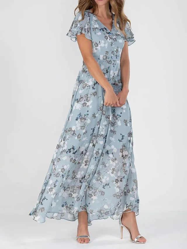 Kitta | Women's Swing Maxi Dress – Floral Chiffon with Short Ruffled Sleeves
