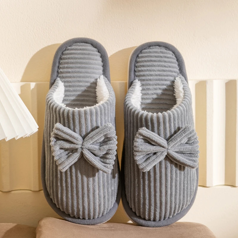 Donna | Women's Lightweight Ribbed Plush House Slippers with Ribbon Decor