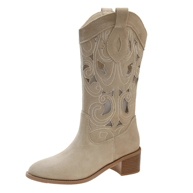 Ilerina | Stylish Suede Western Cowboy Boots with Cutouts for Women