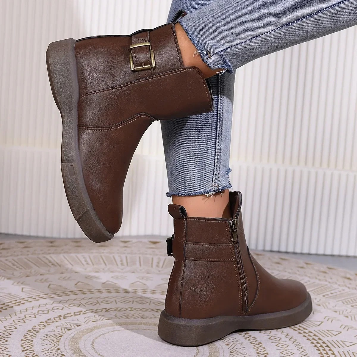 Adelisae | Women's Stylish Ankle Boots with Metal Buckle, Side Zip, and Durable Sole