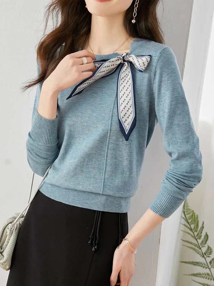 Heike | Women's Elegant Knit Sweater with Silk Scarf Collar Detail