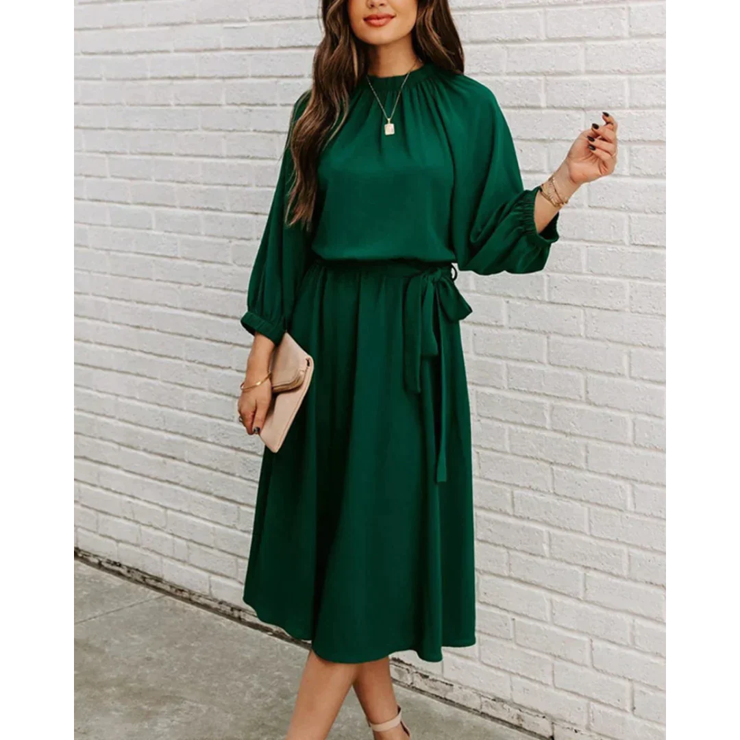 Delaney | Elegant Midi Dress with Tie Waist & Bishop Sleeves