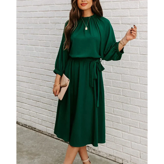 Delaney | Elegant Midi Dress with Tie Waist & Bishop Sleeves