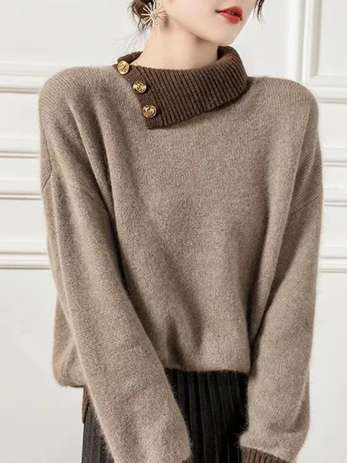 Inguna | Women's Brown Turtleneck Jumper with Button and Contrast Details – Casual Elegance for Any Occasion