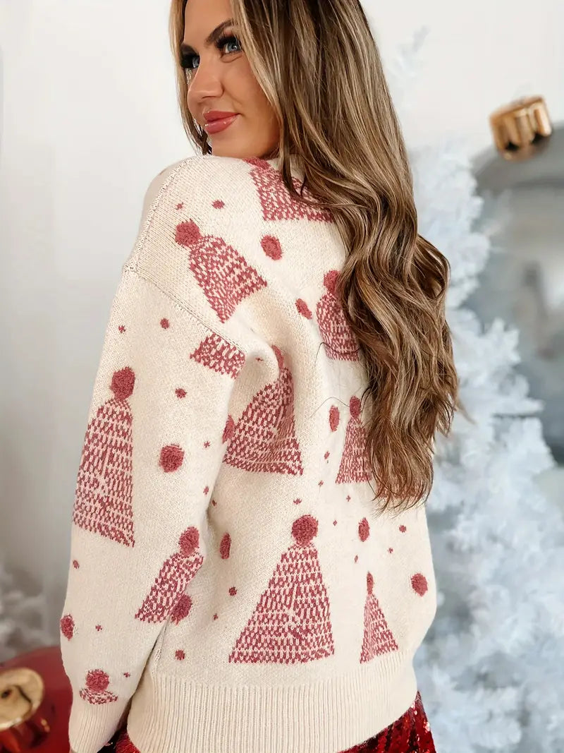 Carinie | Women's Elegant Milk White Round Neck Knitted Sweater with Stylish Pattern – Perfect for Winter