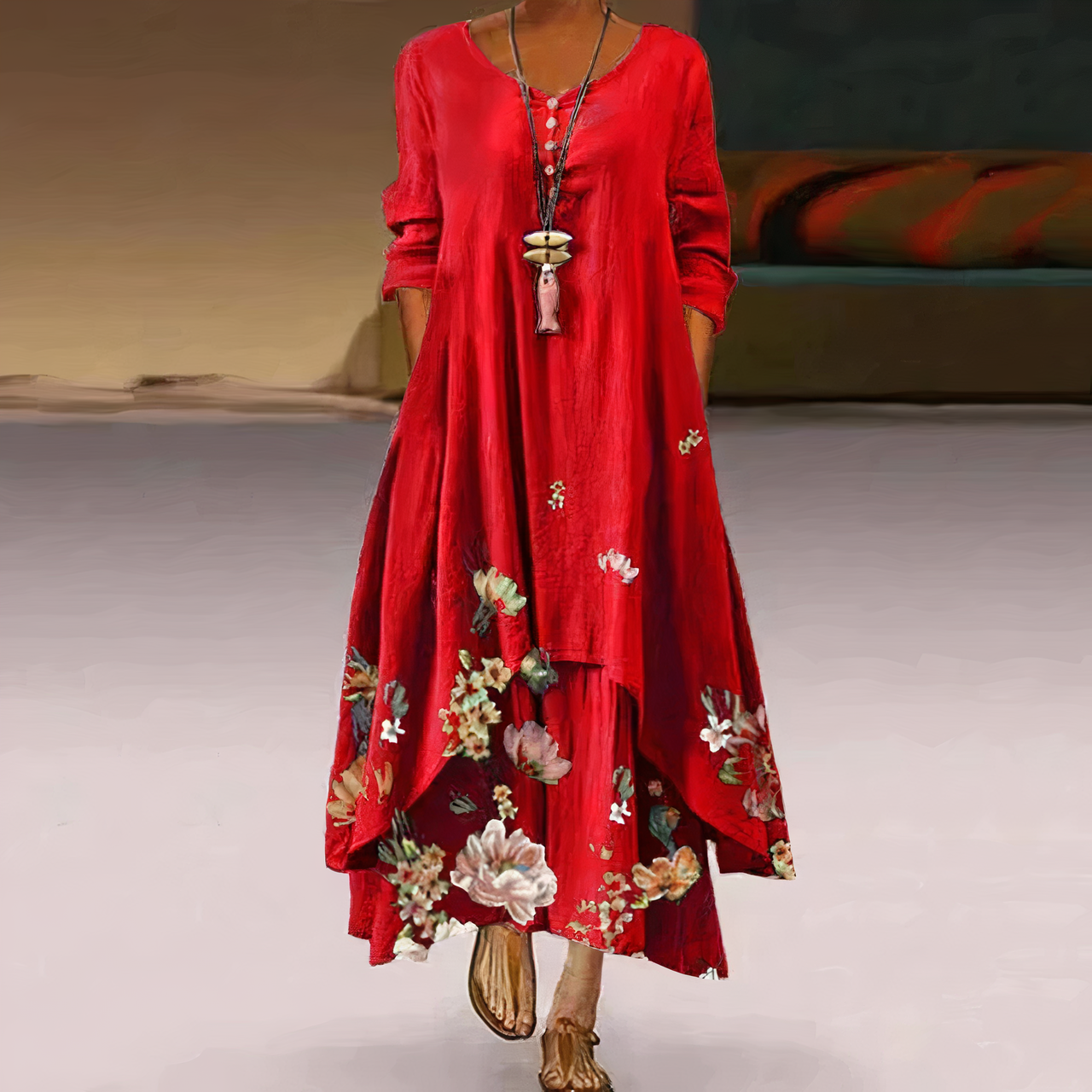 Kerith | Women's Floral Maxi Dress with Round Neck & Layered Hem