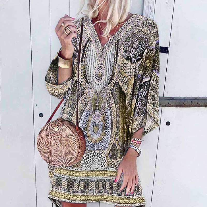 Lara | Women's V Neck Boho Printed Summer Mini Dress – Soft, Stylish & Perfect for Sunny Days