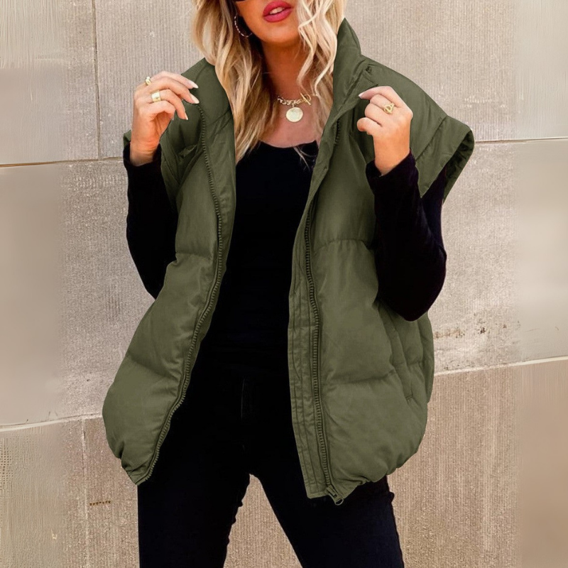 Theresa | Women’s Short Padded Winter Vest with Stand-Up Collar – Full Zip Sleeveless Gilet