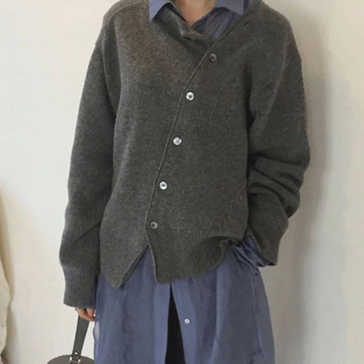 Emerentia | Women's Solid Colour Asymmetrical Button Knitted Cardigan