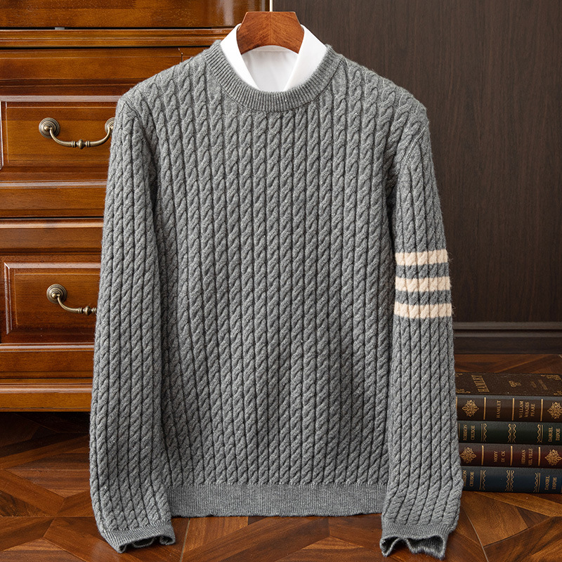 Otteo | Men’s Cable Knit Crewneck Sweater with Sleeve Stripes