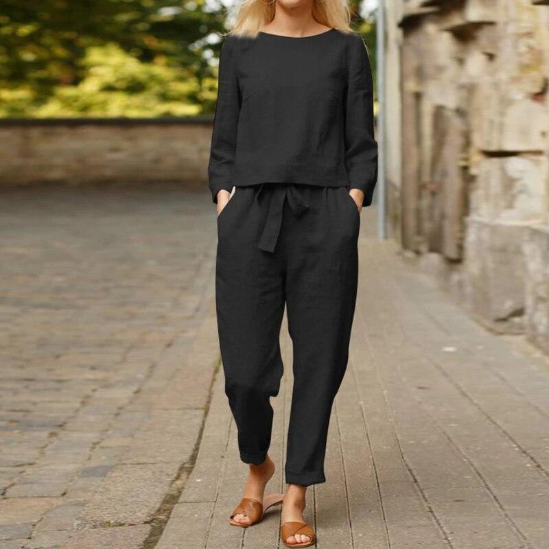 Eden | Women's Comfortable Linen Set | Solid Colour Long Sleeve Blouse with High-Waist Drawstring Belt Pants