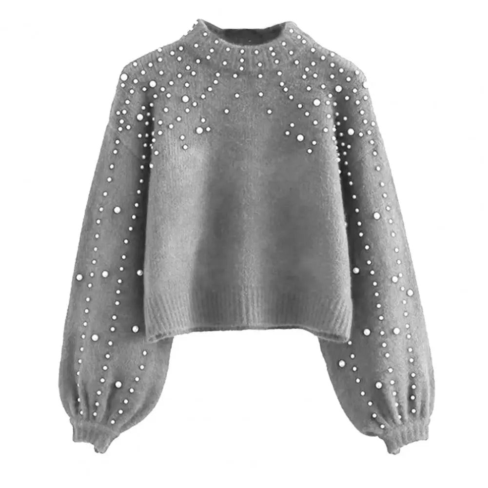 Katarina | Women's Stylish Knit Jumper with Pearl Embellishments and Lantern Sleeves – Round Neck Sweater