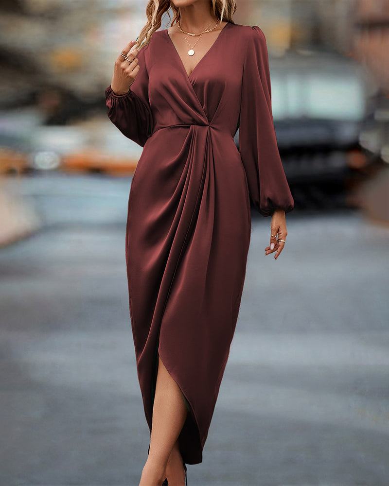 Lowenna | Women's Deep V-Neck Long Lantern Sleeves Wrap Style Maxi Dress – Elegant & Comfortable for Every Occasion