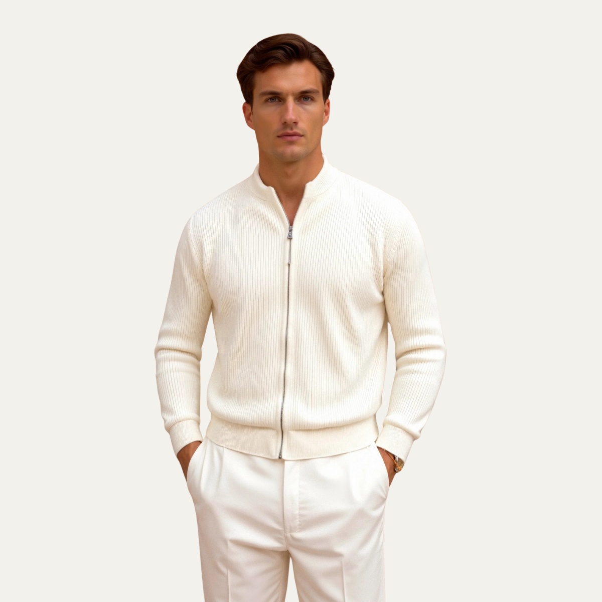 The Maidstone Men’s Beige Zip Up Knitted Lightweight Cardigan