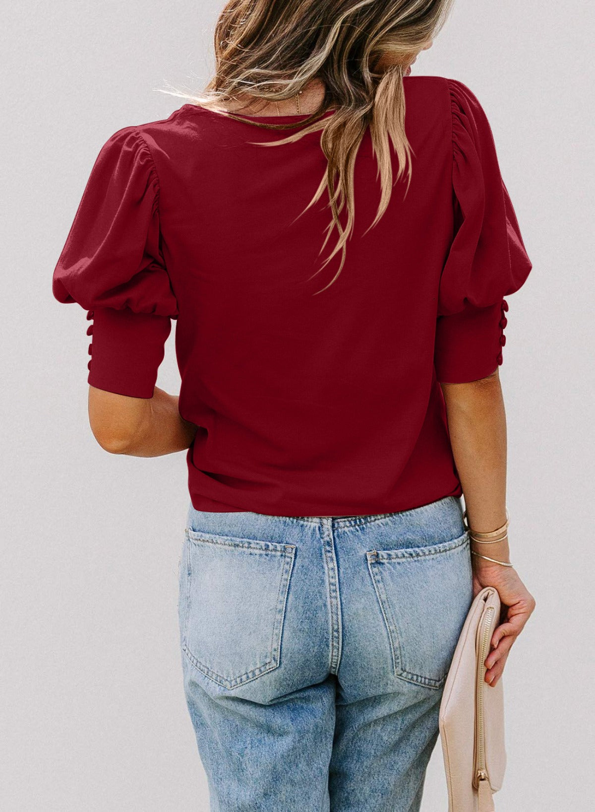 Solene | Women’s Classic Solid Colour Round Neck Puff Sleeve Summer Shirt