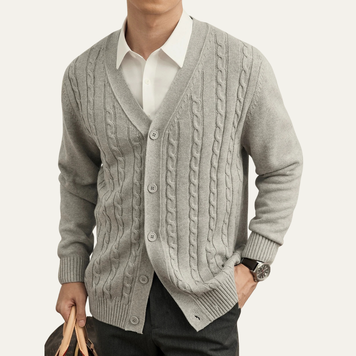 The Rochester Men's Classic Cable Knit Button Up Cardigan
