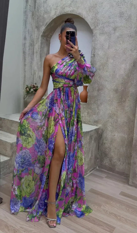 Leah | Women's One-Shoulder Multicoloured Floral Pattern Bishop Sleeve Cinched Waist Leg Slit Formal Maxi Dress