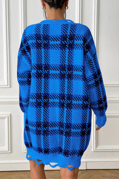 Quindra | Long Knit Sweater with Check Pattern and Relaxed Fit