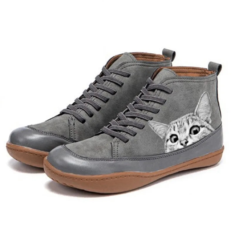 Amane | Women’s Orthopedic Lace-Up Boots with Stylish Cat Print