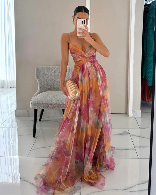 Layla | Women’s Deep V-Neck Back Tie Open Waist Multicolour Gradient Tulle A-Line Formal Maxi Dress