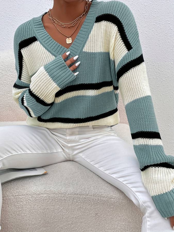 Filana | Women's Chic V-Neck Striped Knitted Sweater