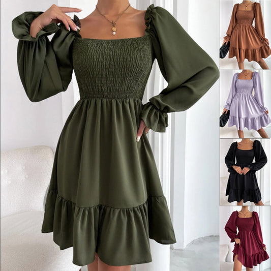 Sibylla | Women’s Solid Colour Square Neck Pleated Mini Dress with Bishop Sleeves & Ruffled Hem
