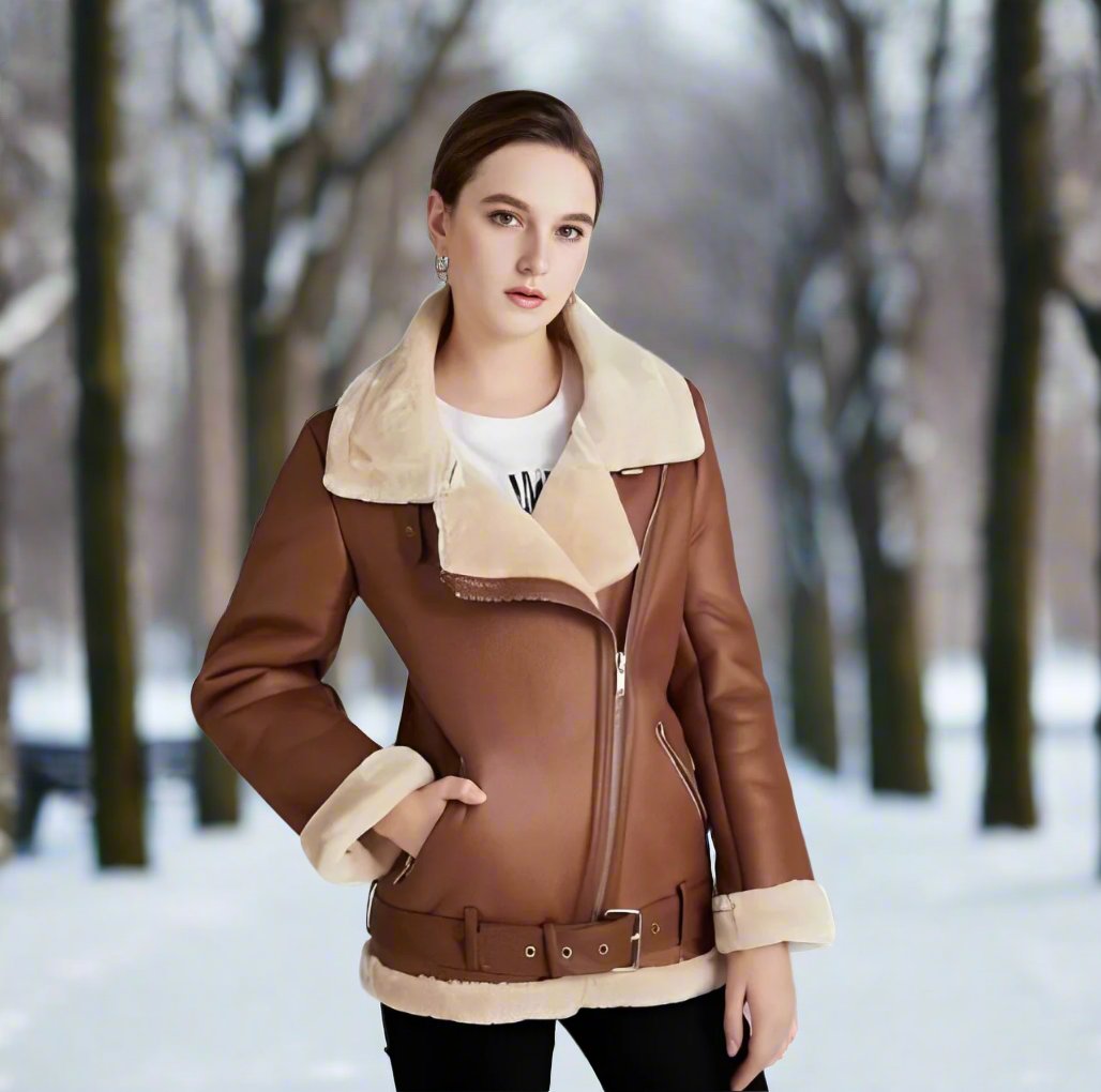Waltera | Women's Stylish Leather Biker Jacket with Polo Collar & Fleece Lining