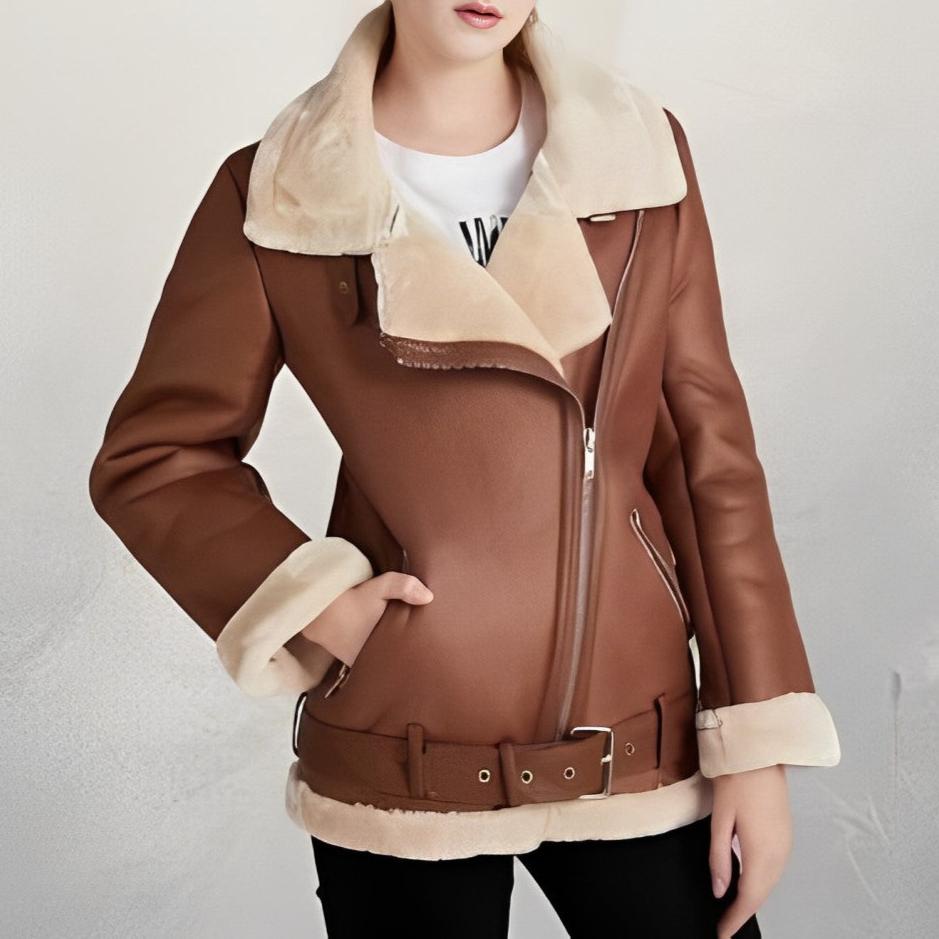 Waltera | Women's Stylish Leather Biker Jacket with Polo Collar & Fleece Lining