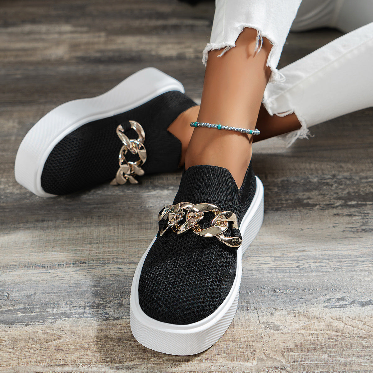 Octavia | Women's Mesh Slip-On Platform Loafers with Gold Chain Detailing – Stylish, Breathable & Comfortable