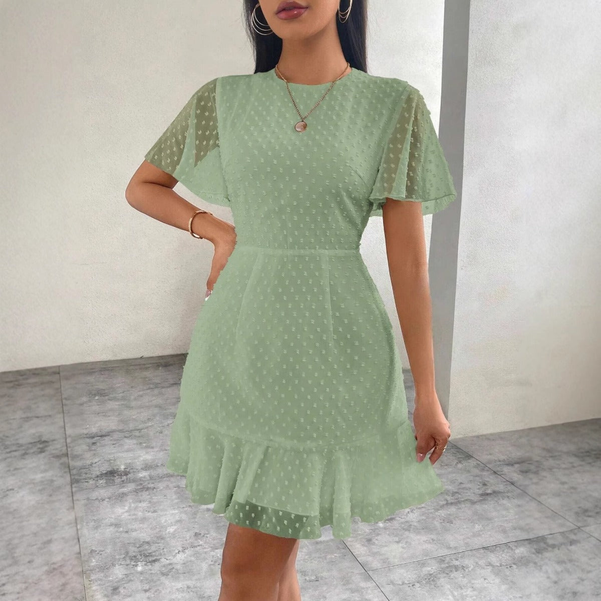 Tavina | Women's Polka Dot Ruffle Trim Mini Dress with Round Neck & Short Sleeves
