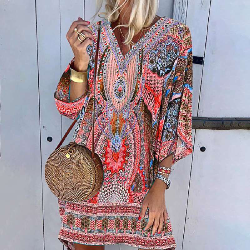 Lara | Women's V Neck Boho Printed Summer Mini Dress – Soft, Stylish & Perfect for Sunny Days