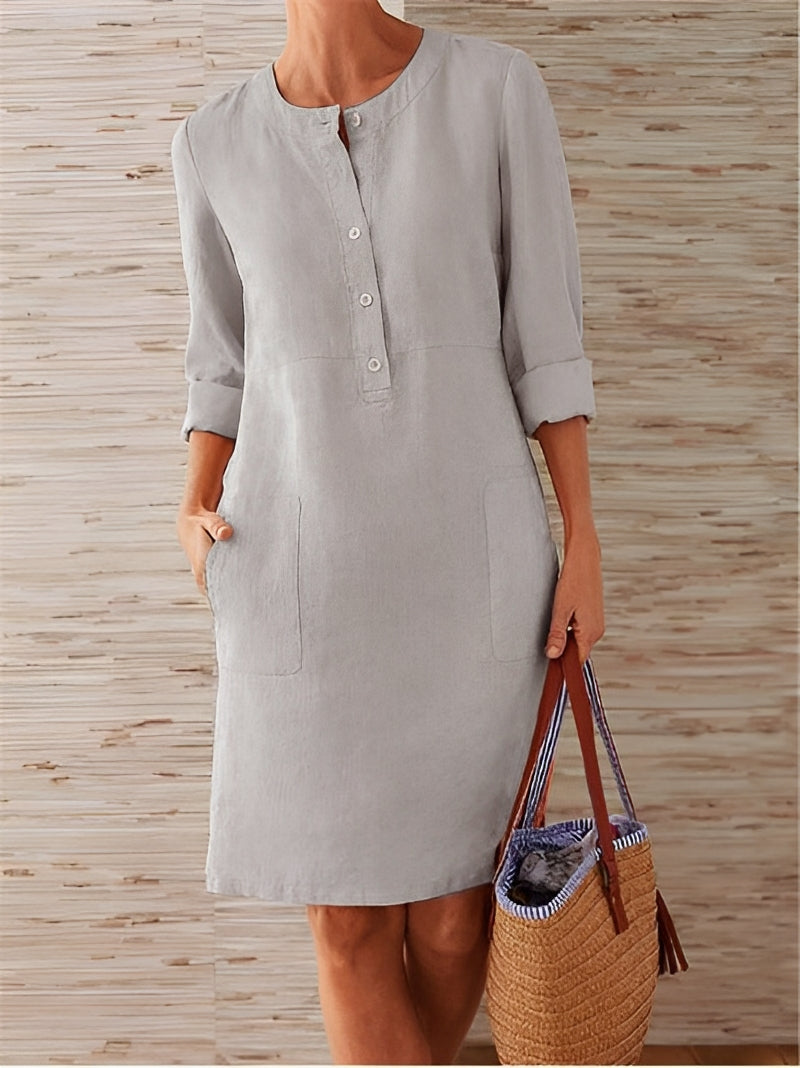 Morwena | Women’s Linen Long Sleeve Casual Dress with Pockets & Button Detail