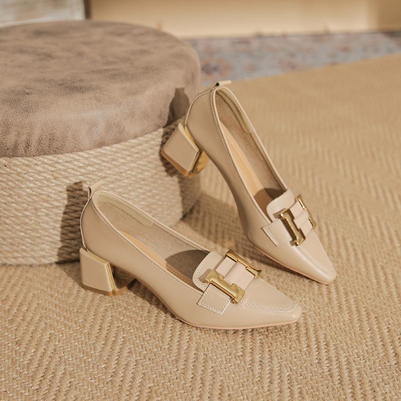 Lunelle | Women’s Pointed Toe Loafer Heels – Elegant Slip-On Block Heels with Metal Detail