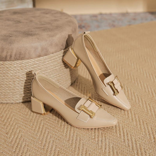 Lunelle | Women’s Pointed Toe Loafer Heels – Elegant Slip-On Block Heels with Metal Detail