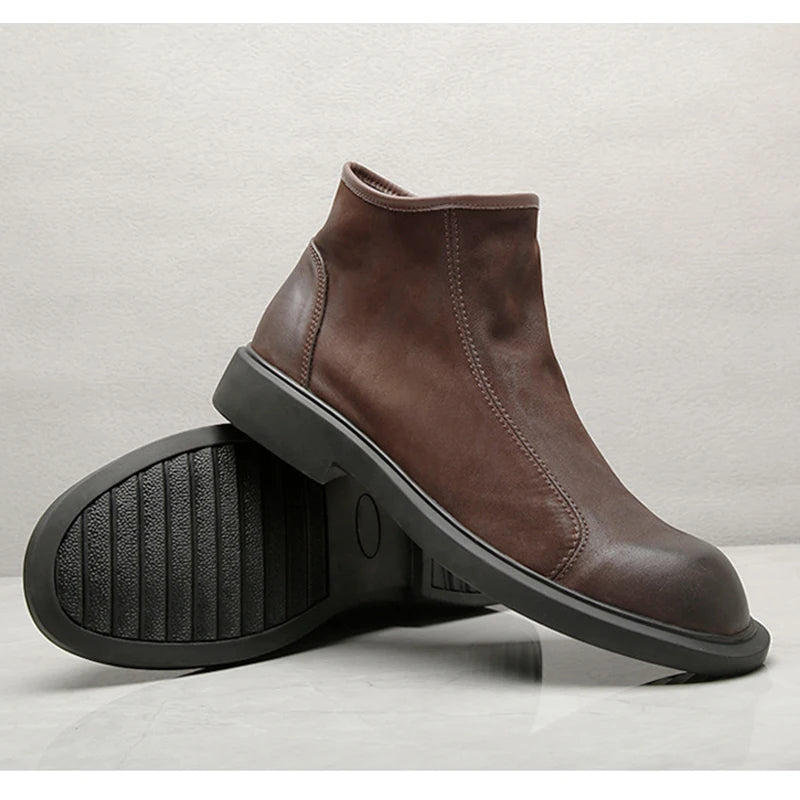 The Bari Men's Warm Plush Zip Up Leather Ankle Boots