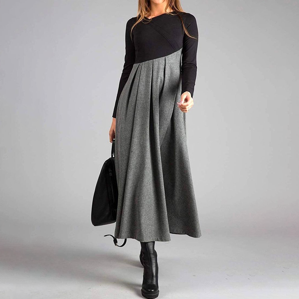 Eleonore | Women's Elegant Asymmetrical Two-Tone Maxi Dress with Long Sleeves