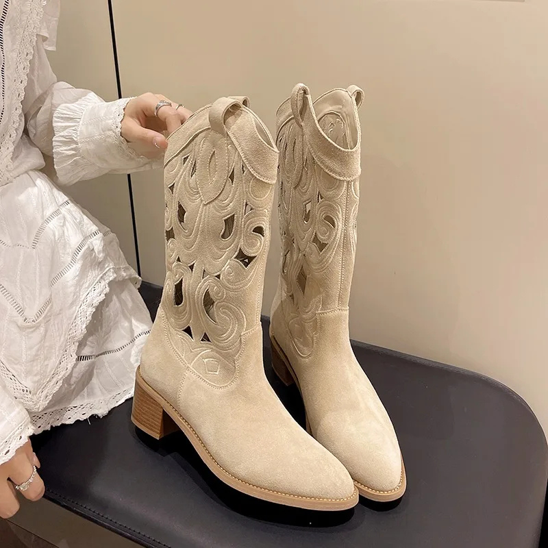 Ilerina | Stylish Suede Western Cowboy Boots with Cutouts for Women