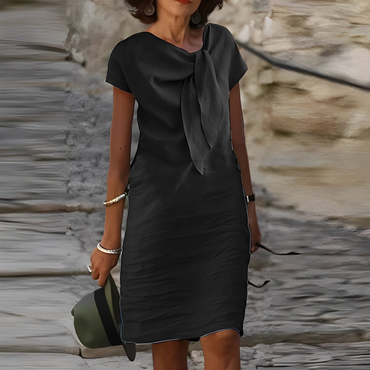 Quintessa | Women’s Stylish Tie-Neck Linen Casual Dress in Solid Colour