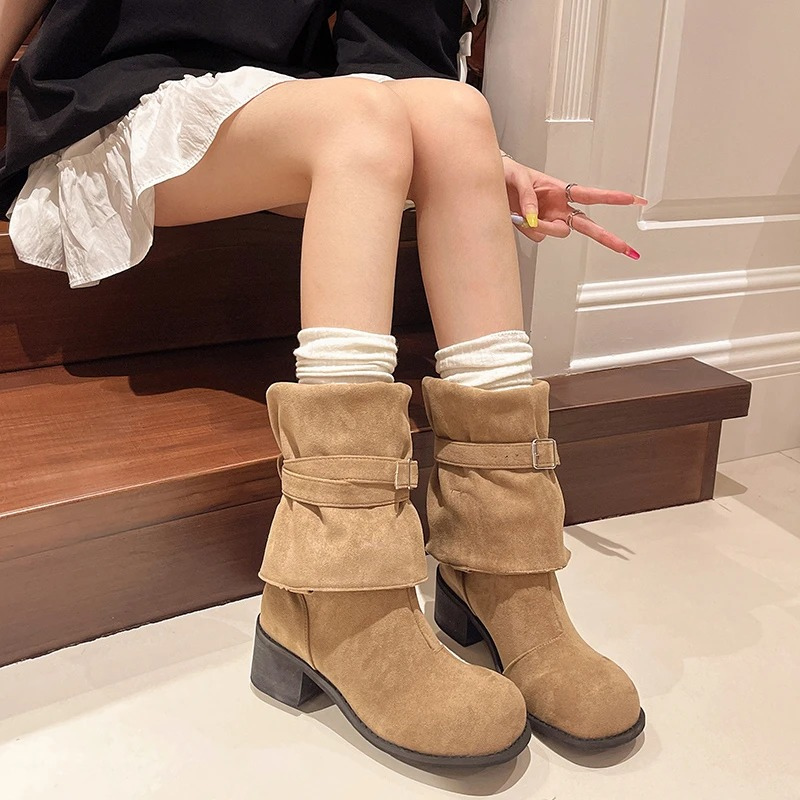 Annelien | Women's Knee-High Suede Boots with Block Heel and Buckle Strap - Stylish and Comfortable