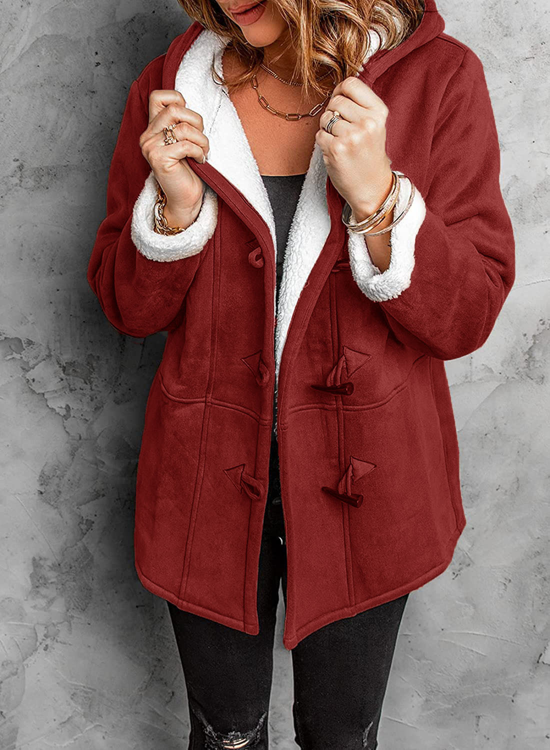 Mabel | Women's Suede Effect Toggle Winter Coat with Hood and Fleece Lining
