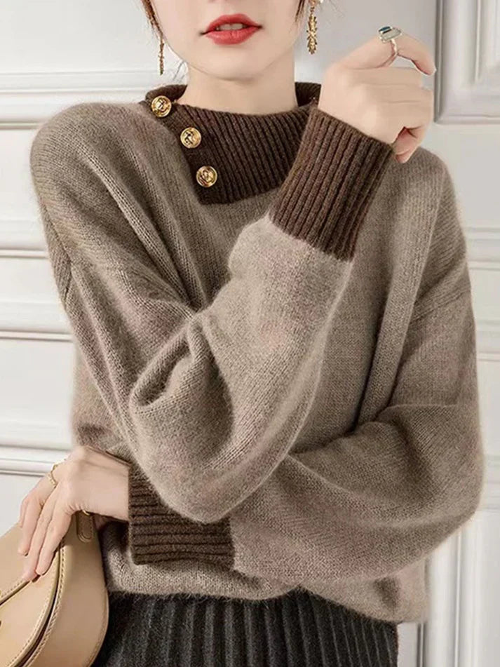 Inguna | Women's Brown Turtleneck Jumper with Button and Contrast Details – Casual Elegance for Any Occasion