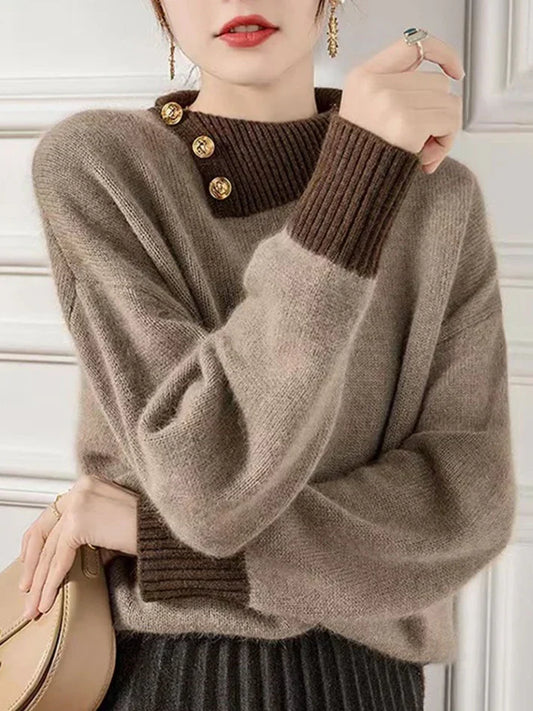 Inguna | Women's Brown Turtleneck Jumper with Button and Contrast Details – Casual Elegance for Any Occasion