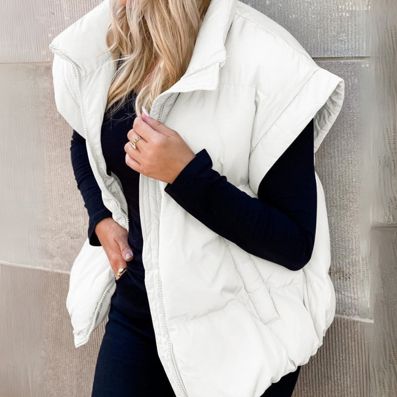 Theresa | Women’s Short Padded Winter Vest with Stand-Up Collar – Full Zip Sleeveless Gilet