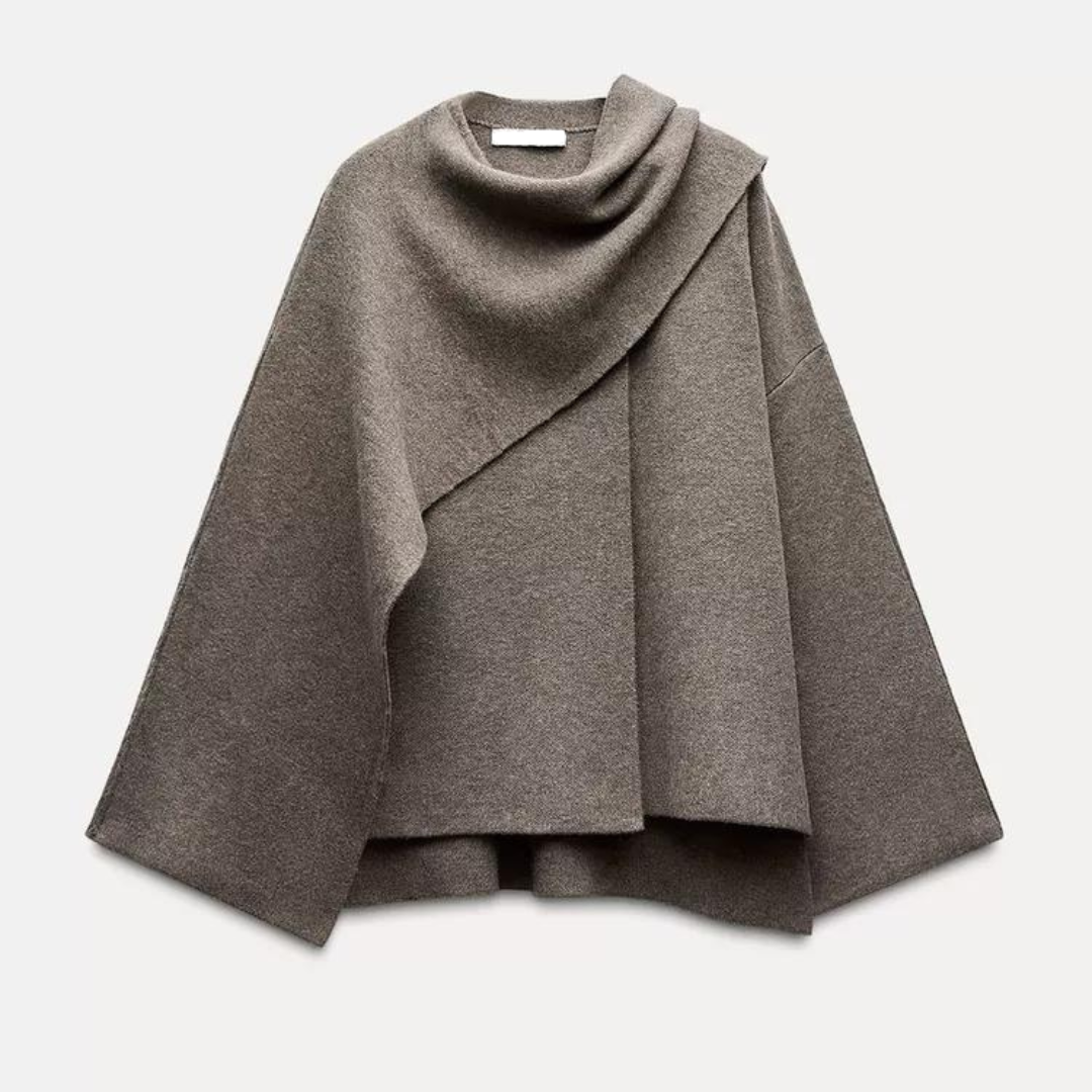 Zaida | Women's Stylish Coat with Asymmetric Design, Built-In Scarf Collar & Buttoned Closure