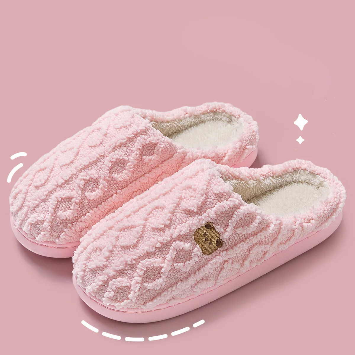 Viktualia | Women's Winter Slippers with Teddy Embroidery, Soft Plush Fabric & Non-Slip Sole