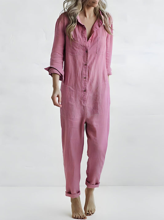Vivia | Women's Loose Fit Long Sleeve Buttoned Jumpsuit with Chest & Back Pockets